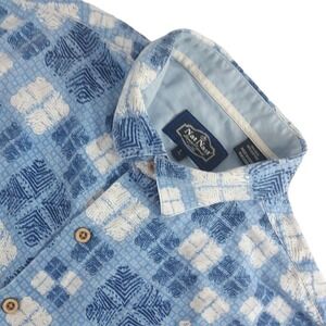 Nat Nast Button Up Shirt Mens L Blue Silk Cotton Geometric Short Sleeve Luxury
